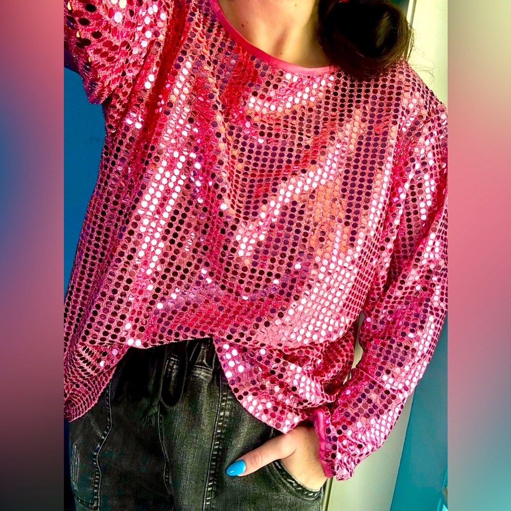 Hunters Run Pink Sequin Long-Sleeve Top, Size M